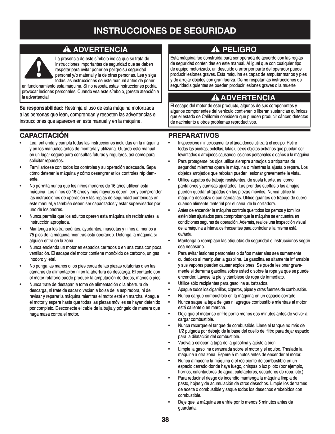 Craftsman 247.77013.0 manual Instrucciones De Seguridad, Advertencia, Peligro, Capacitación, Preparativos 