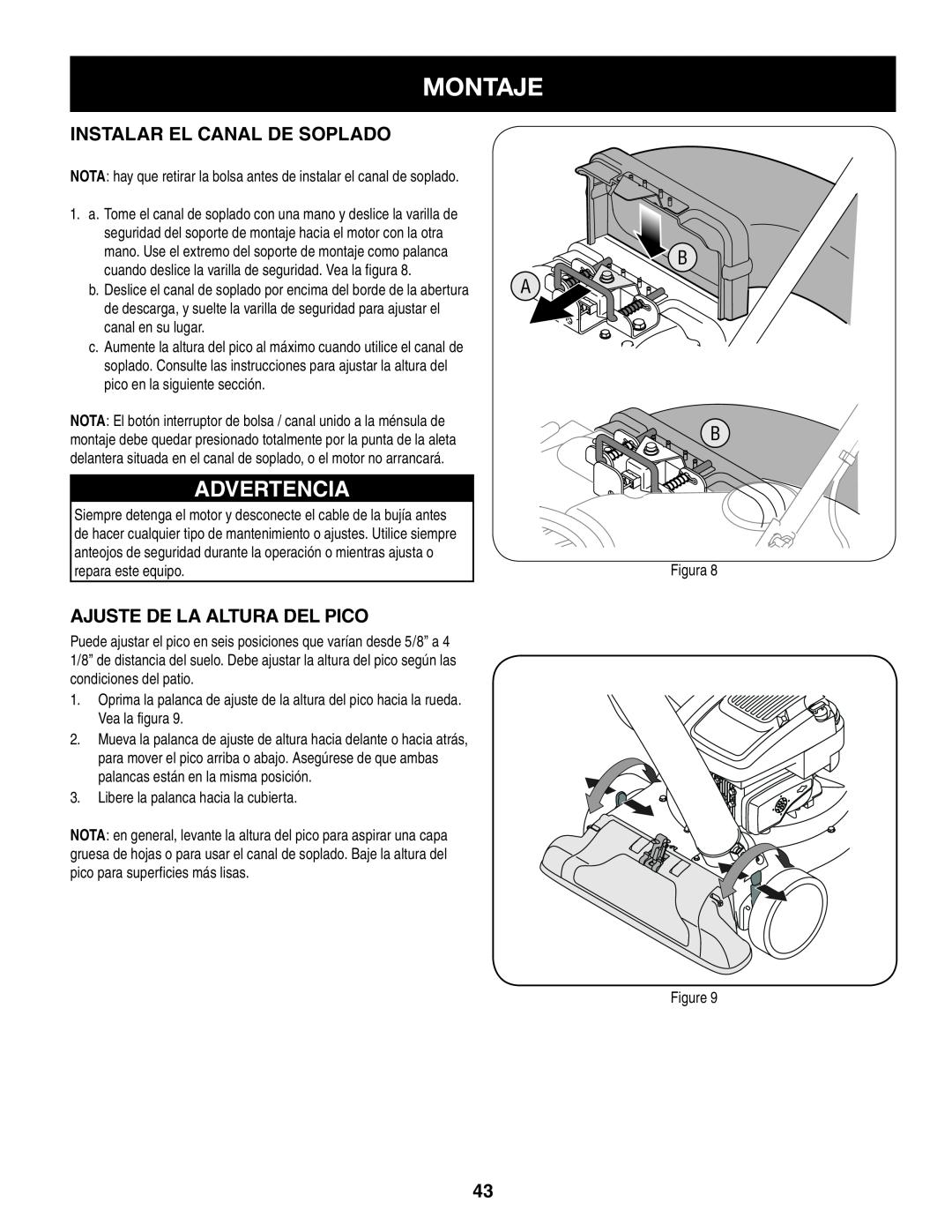Craftsman 247.77013.0 manual Montaje, Advertencia, Instalar El Canal De Soplado, Ajuste De La Altura Del Pico 