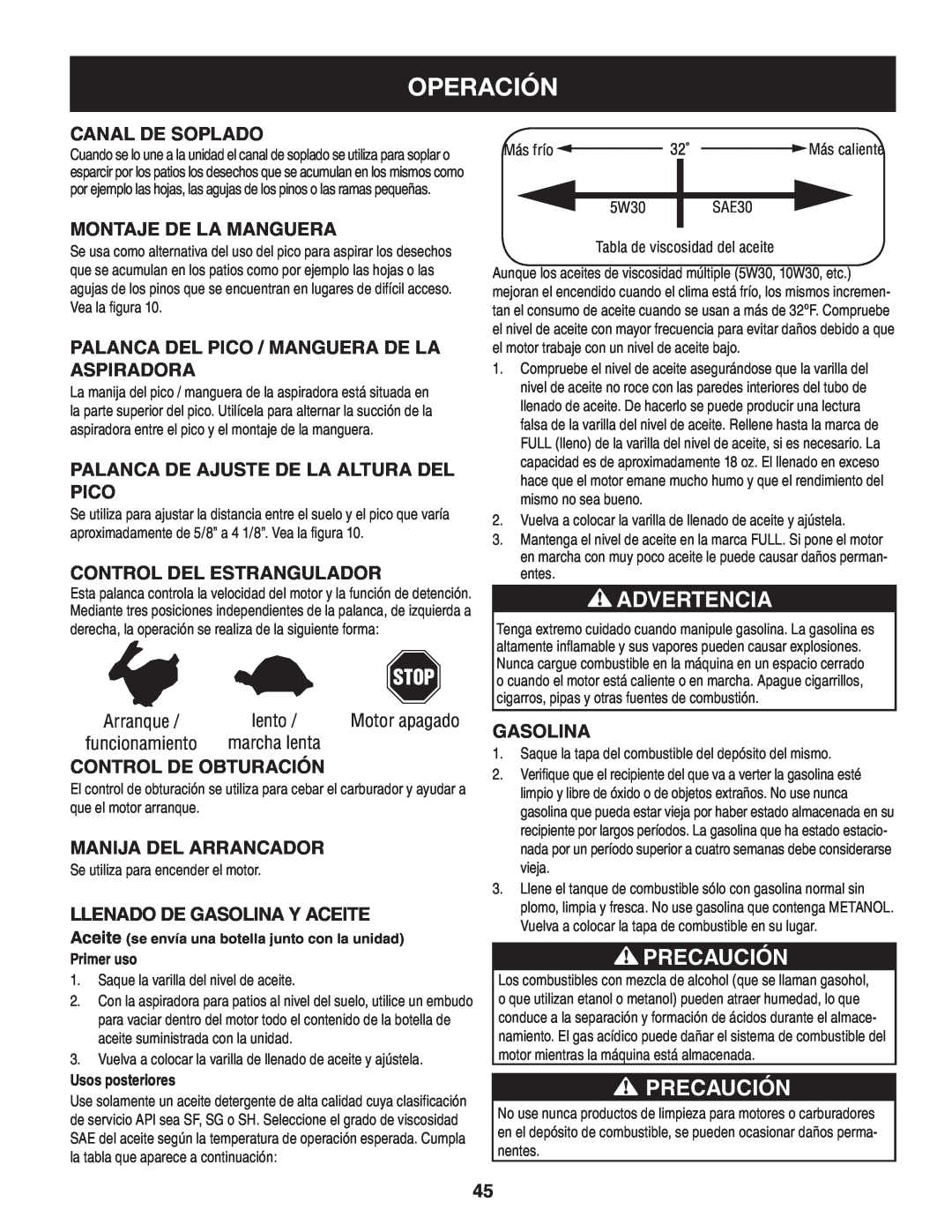 Craftsman 247.77013.0 manual Precaución, Operación, Advertencia, Stop, Canal de soplado, Montaje de la manguera, Gasolina 