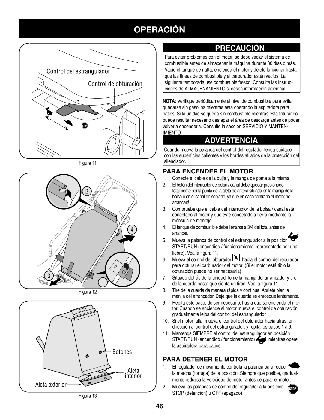 Craftsman 247.77013.0 manual Operación, Precaución, Advertencia, Para Encender El Motor, Para Detener El Motor, Botones 