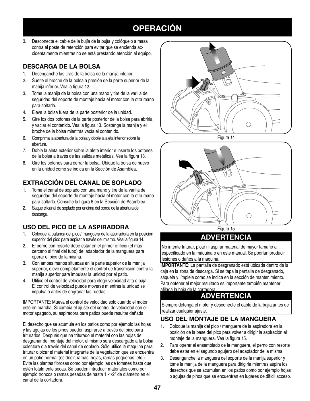 Craftsman 247.77013.0 manual Operación, Advertencia, Descarga De La Bolsa, Extracción Del Canal De Soplado 