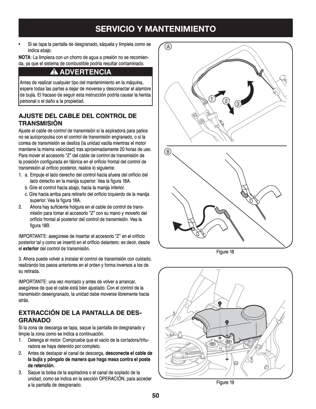 Craftsman 247.77013.0 manual Servicio Y Mantenimiento, Advertencia, Ajuste del Cable del Control de Transmisiòn 