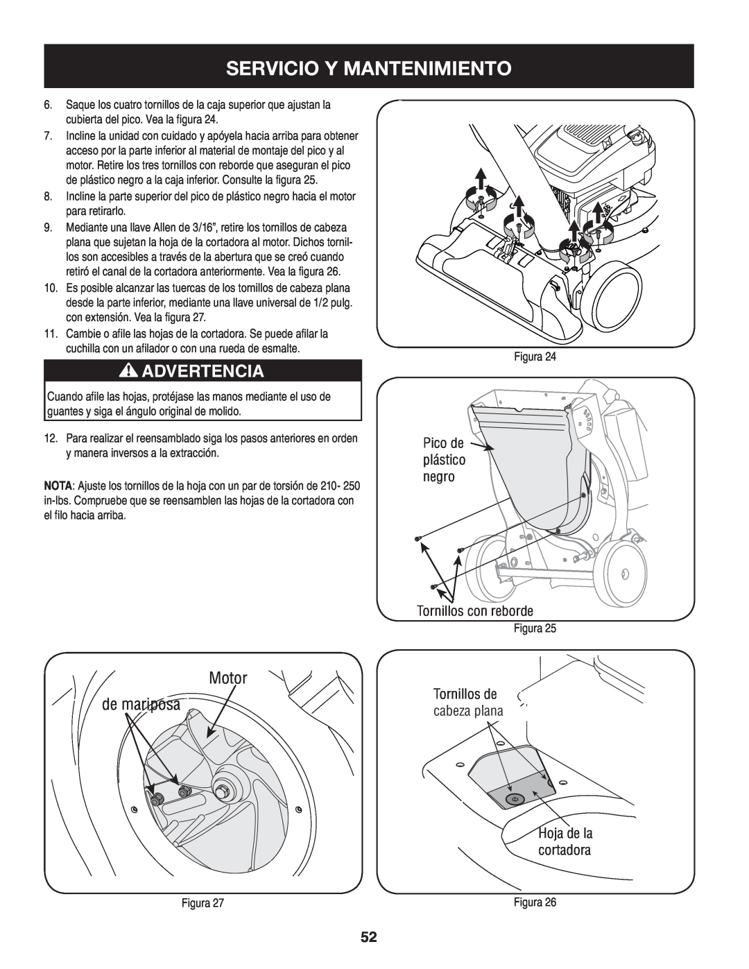 Craftsman 247.77013.0 manual Servicio Y Mantenimiento, Advertencia, de mariposa, Motor, Pico de plástico negro 