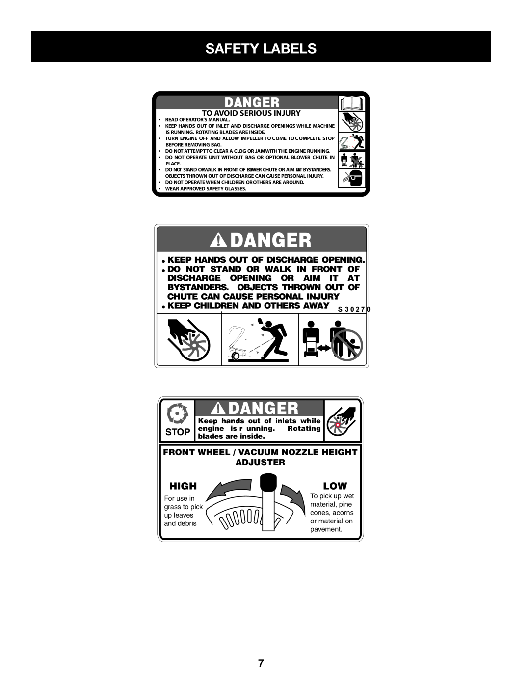 Craftsman 247.77013.0 Safety Labels, Danger, High, Stop, To Avoid Serious Injury, Keep Hands Out Of Discharge Opening 