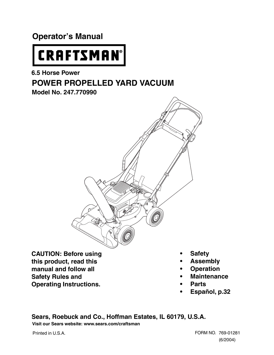 Craftsman 247.77099 operating instructions Power Propelled Yard Vacuum 