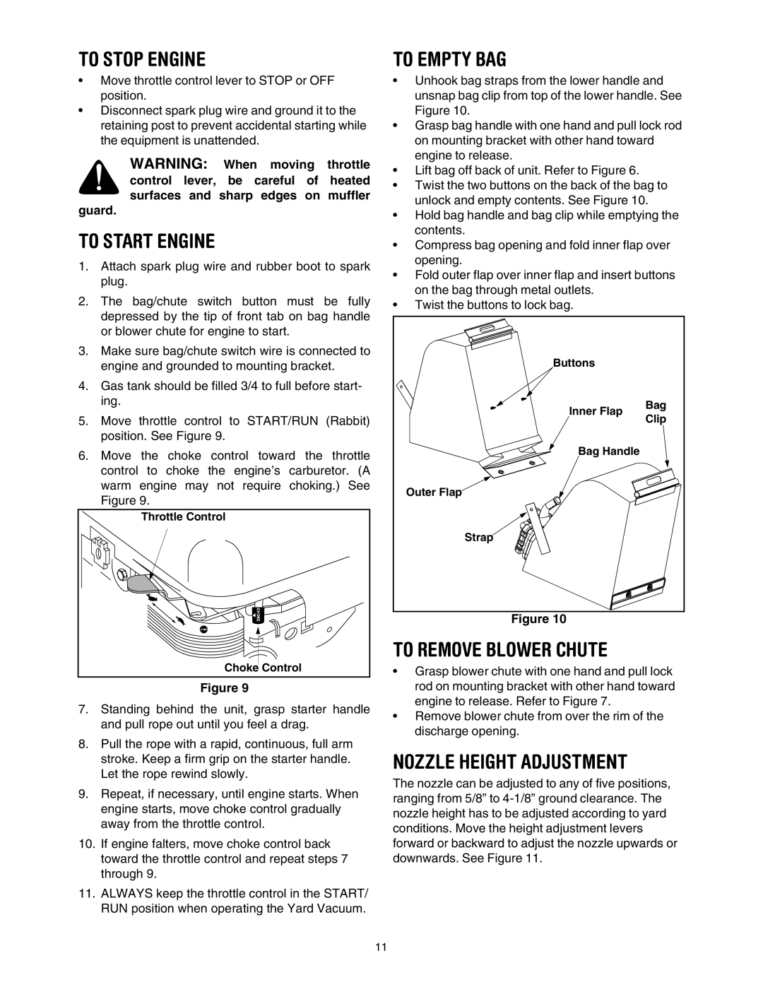 Craftsman 247.77099 To Stop Engine, To Start Engine, To Empty BAG, To Remove Blower Chute, Nozzle Height Adjustment 