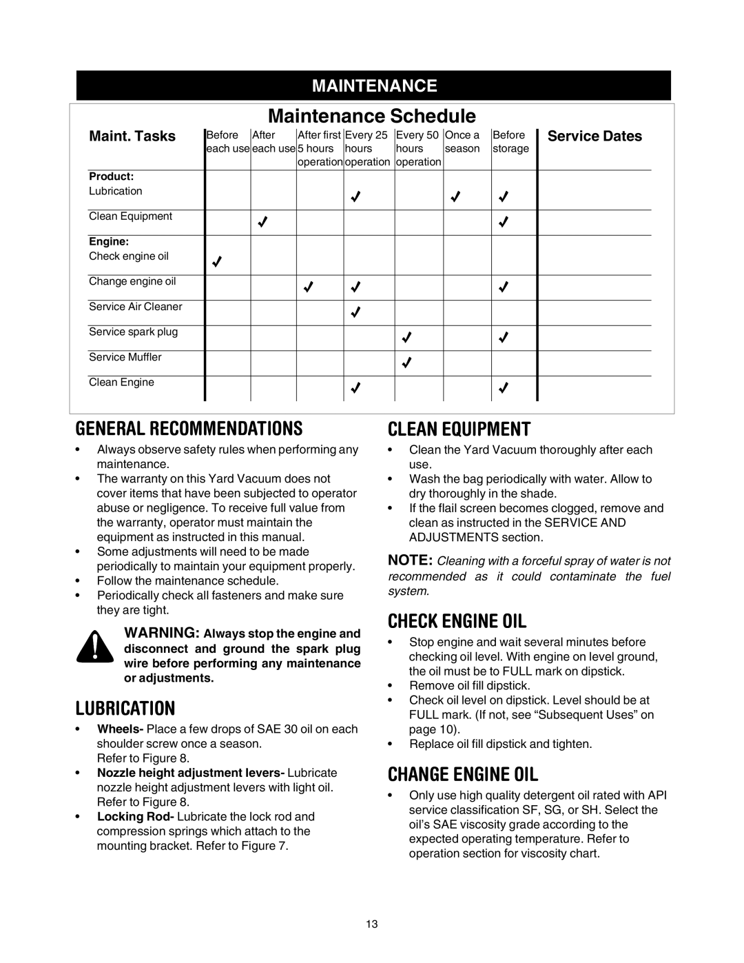 Craftsman 247.77099 General Recommendations, Lubrication, Clean Equipment, Check Engine OIL, Change Engine OIL 