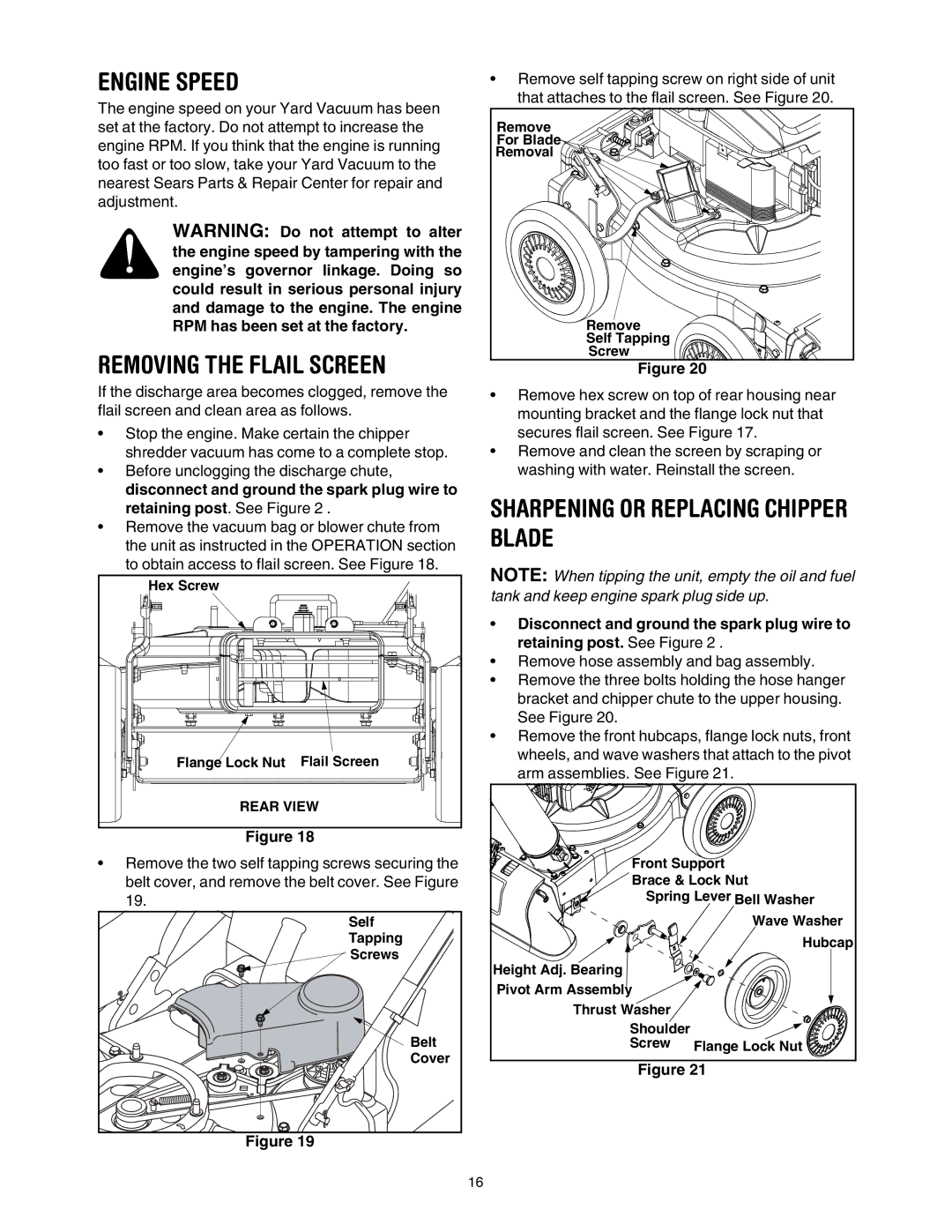 Craftsman 247.77099 operating instructions Engine Speed, Removing the Flail Screen, Sharpening or Replacing Chipper Blade 