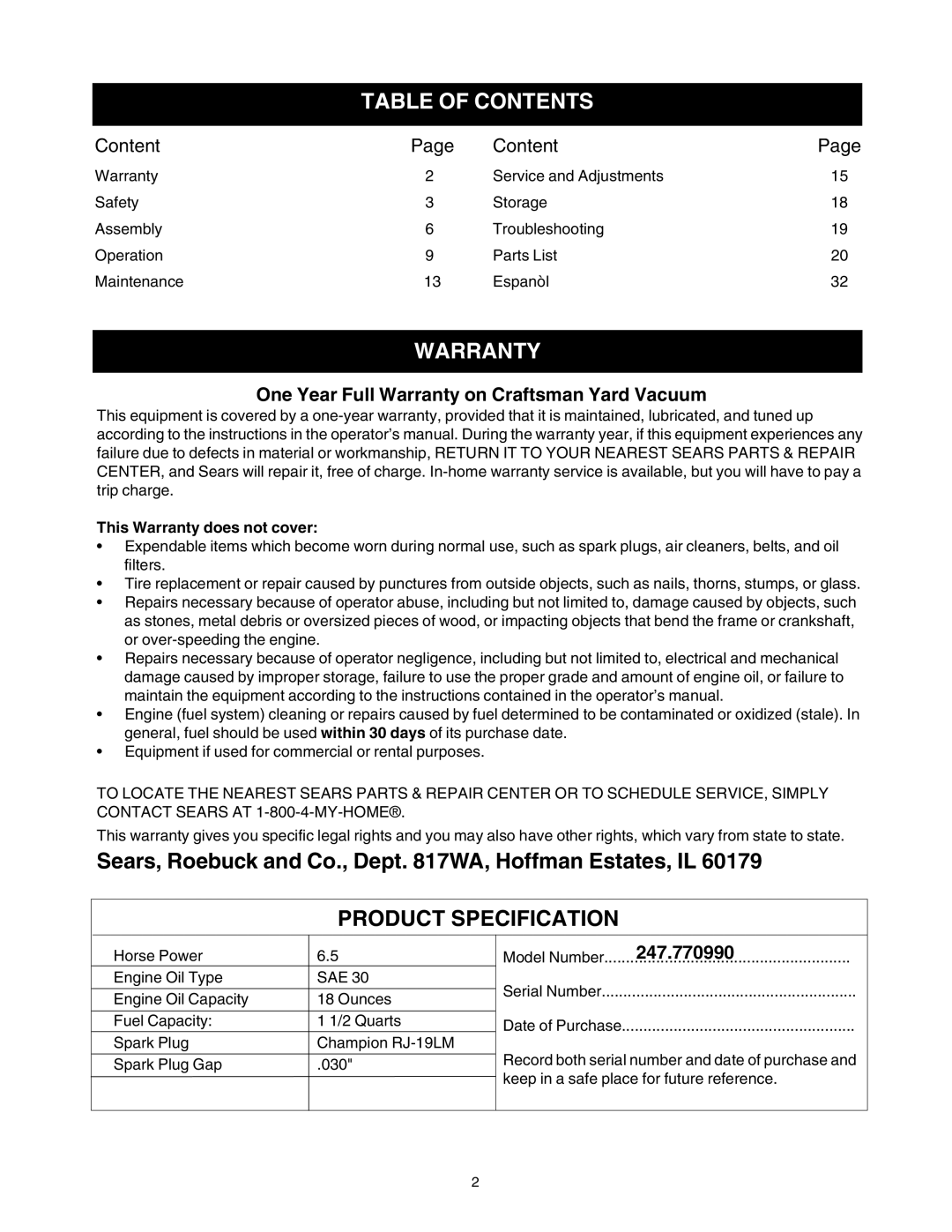 Craftsman 247.77099 operating instructions Table of Contents, Warranty 