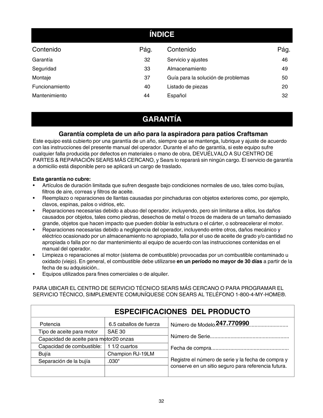 Craftsman 247.77099 operating instructions Índice, Garantía, Esta garantía no cubre 