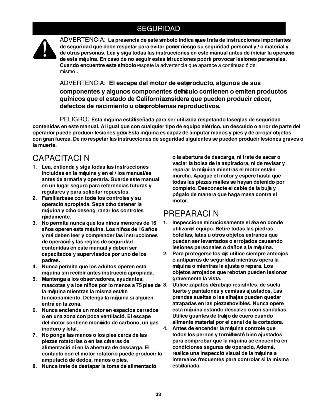 Craftsman 247.77099 operating instructions Capacitación, Preparación, Seguridad 