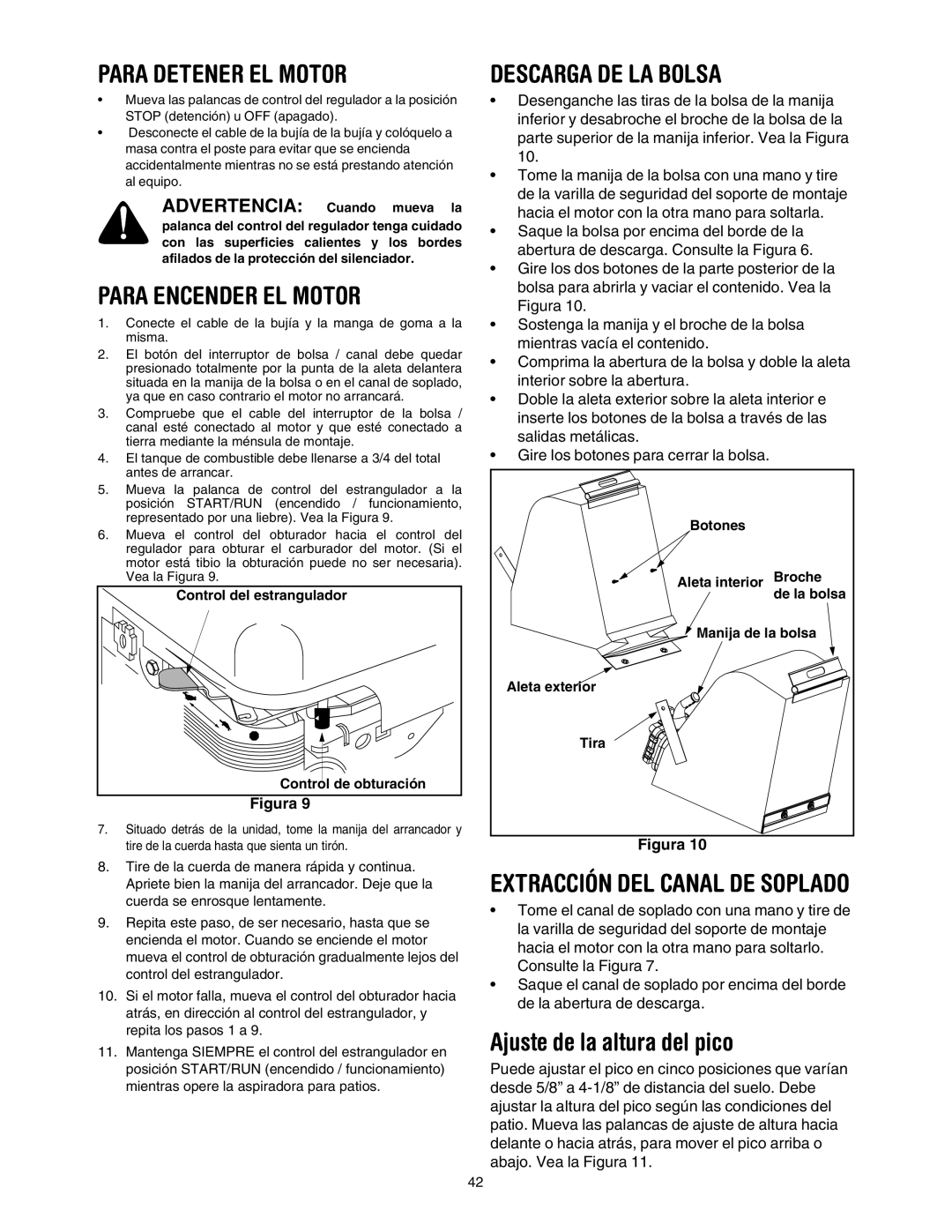 Craftsman 247.77099 operating instructions Para Detener EL Motor, Para Encender EL Motor, Descarga DE LA Bolsa 