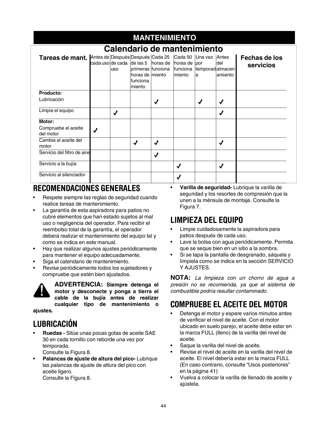 Craftsman 247.77099 operating instructions Lubricación, Limpieza DEL Equipo, Compruebe EL Aceite DEL Motor, Mantenimiento 