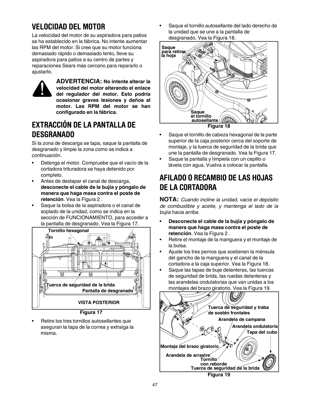 Craftsman 247.77099 operating instructions Velocidad DEL Motor, Extracción DE LA Pantalla DE Desgranado 