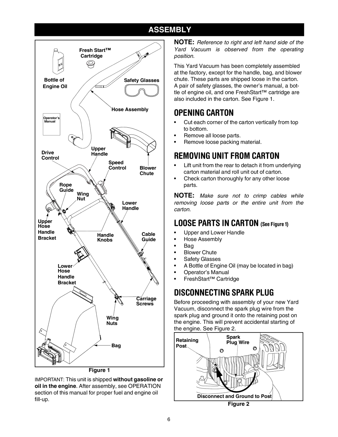 Craftsman 247.77099 operating instructions Opening Carton, Removing Unit from Carton, Disconnecting Spark Plug, Assembly 