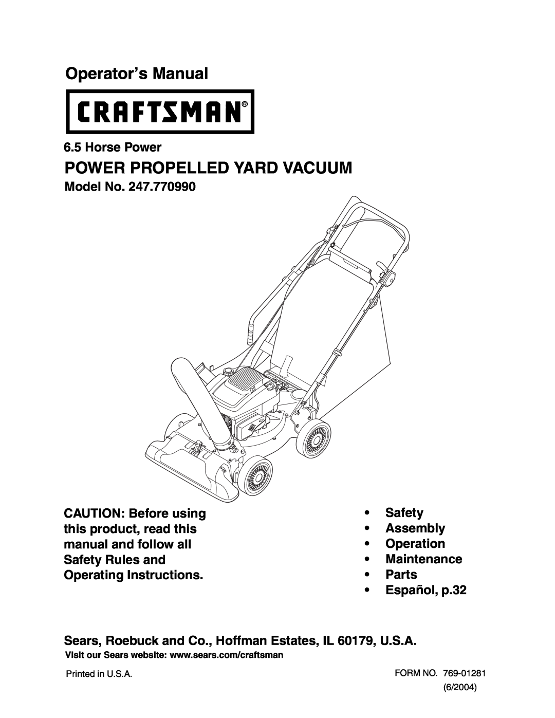Craftsman 247.77099 operating instructions Horse Power, Model No, •Safety •Assembly •Operation •Maintenance •Parts 
