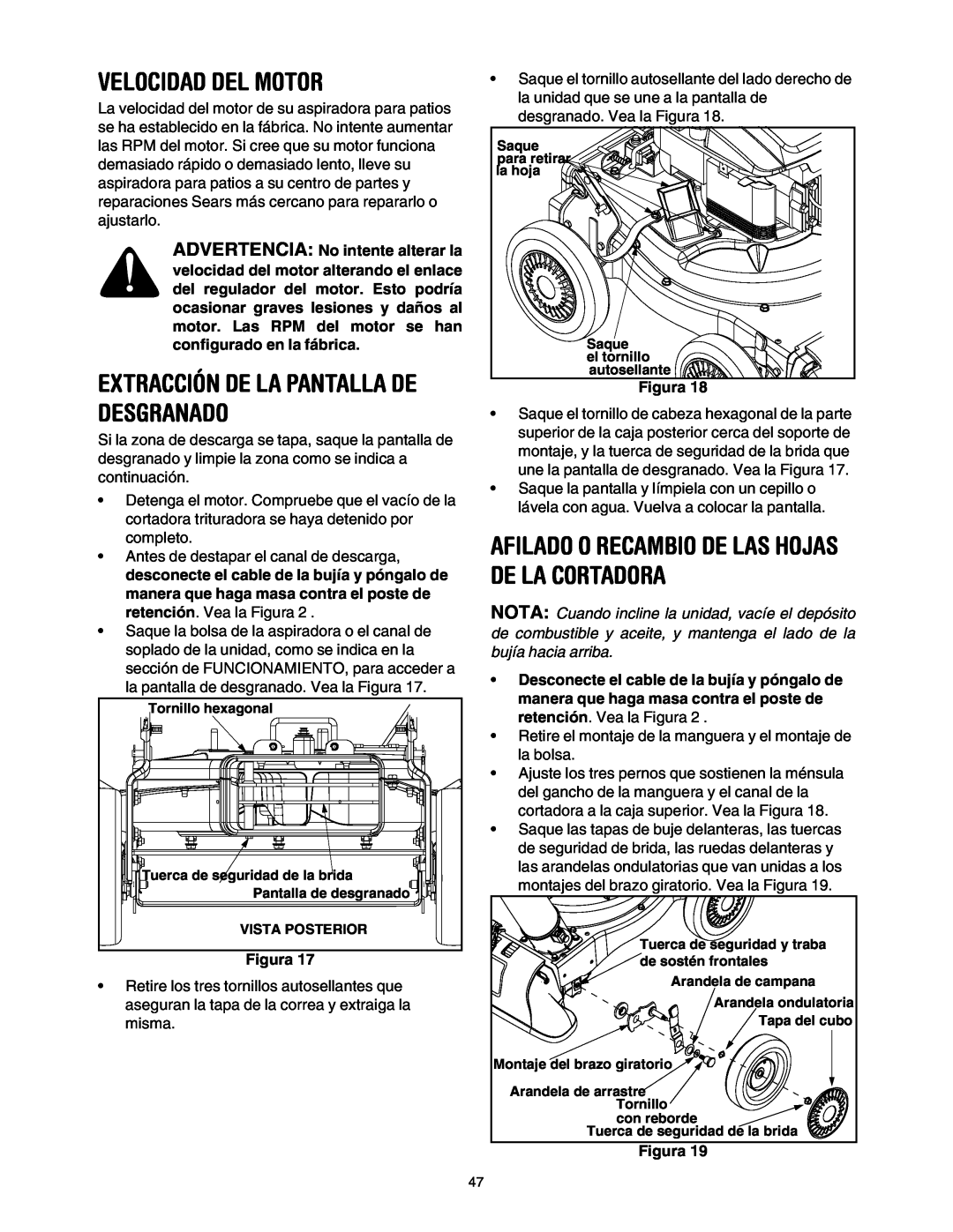 Craftsman 247.77099 operating instructions Velocidad Del Motor, Afilado O Recambio De Las Hojas De La Cortadora, Figura 
