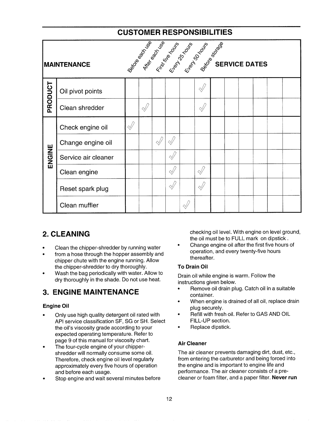 Craftsman 247.77586 manual Customer Responsibilities, Cleaning, Engine Maintenance 