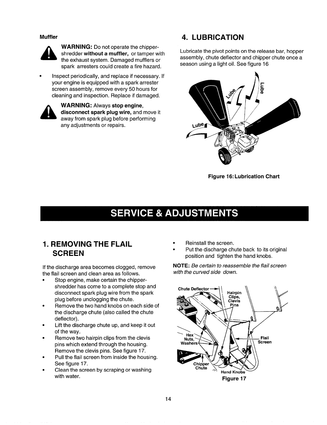 Craftsman 247.77586 manual Lubrication, Removing the Flail Screen, Muffler 