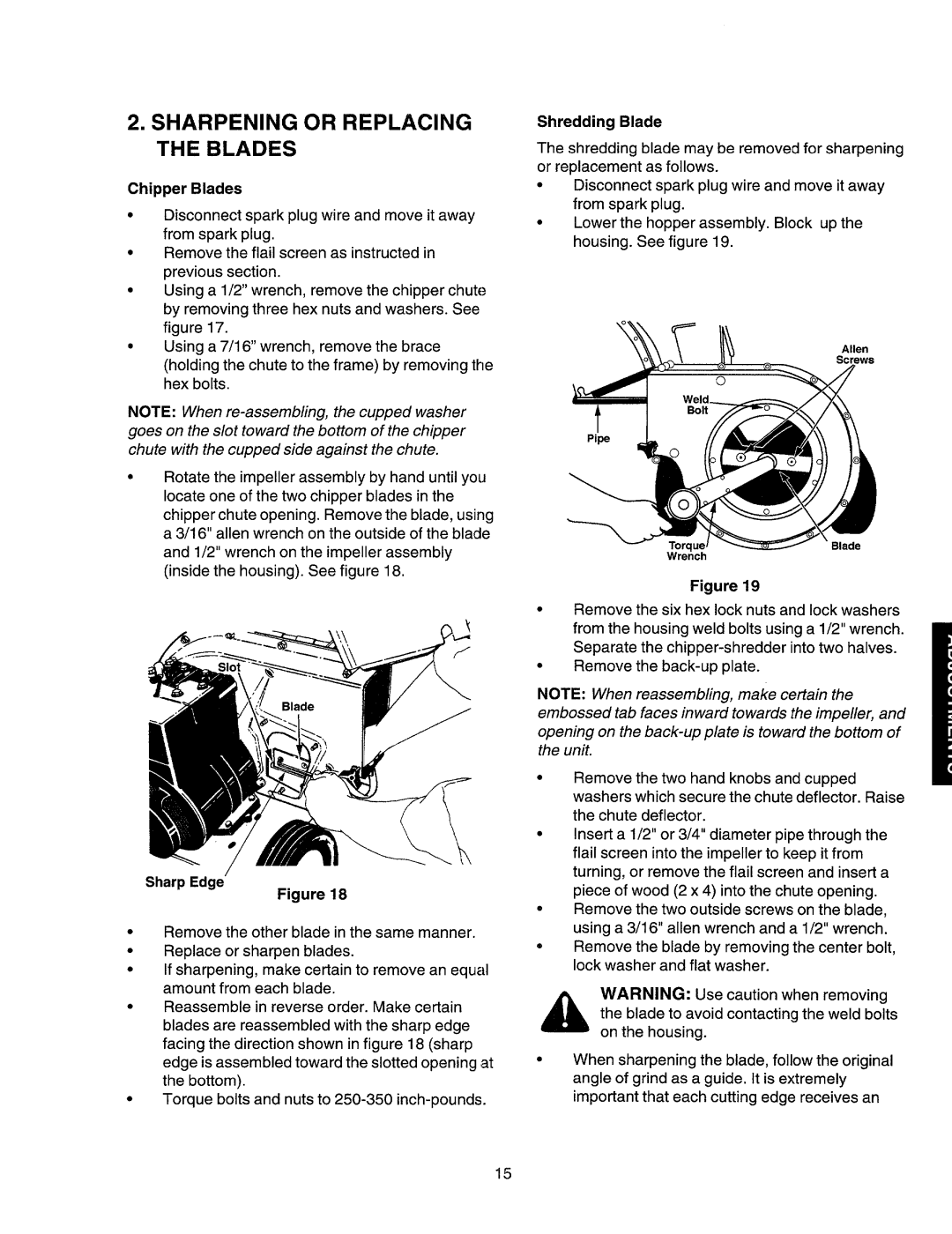 Craftsman 247.77586 manual Sharpening or Replacing the Blades, Chipper Blades, Shredding Blade, Sharp Edge 