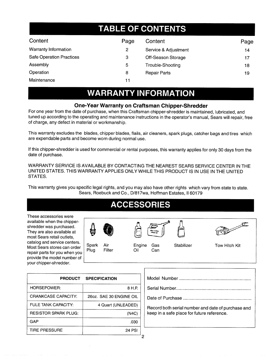 Craftsman 247.77586 manual One-Year Warranty on Craftsman Chipper-Shredder 