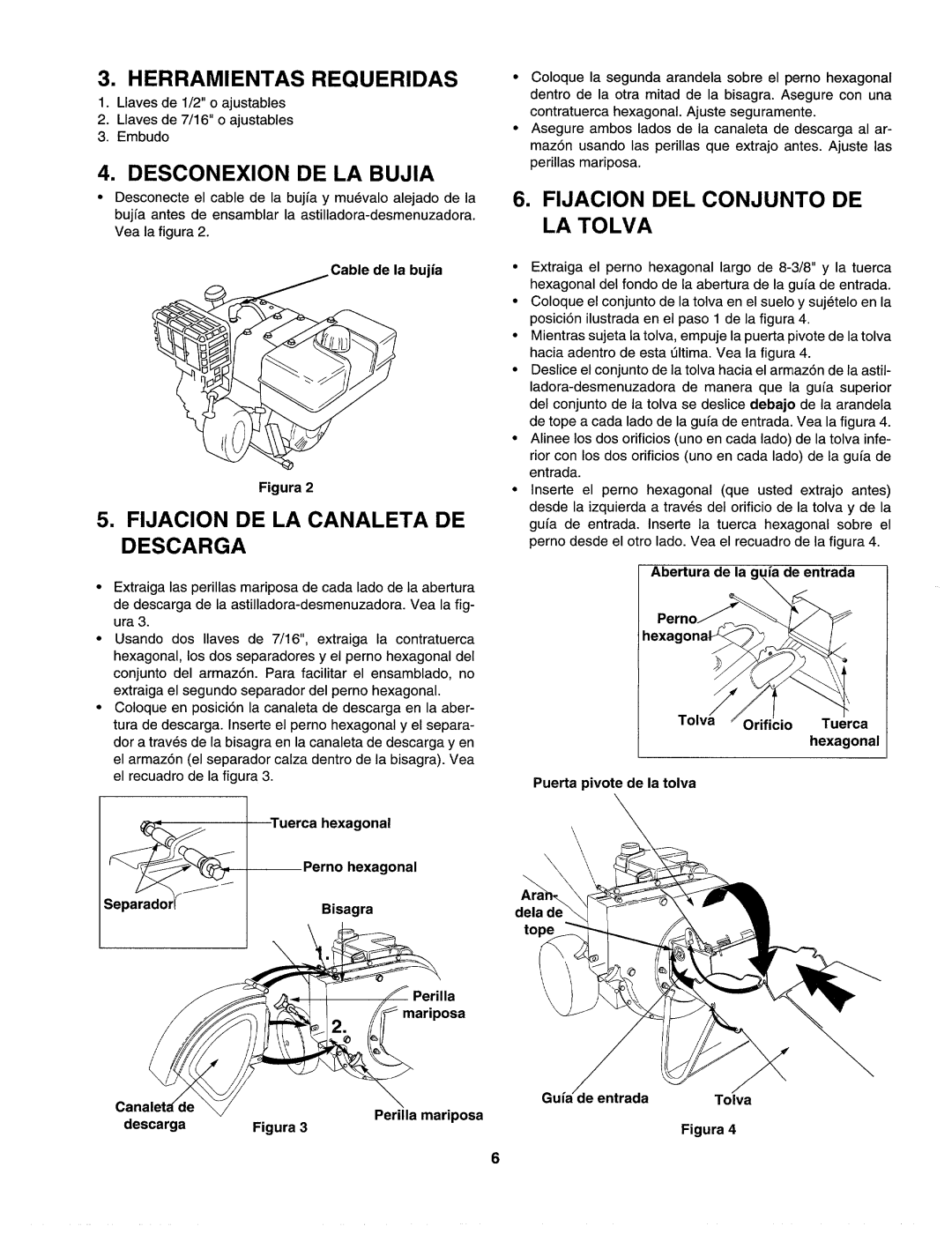 Craftsman 247.77586 Herramientas Requeridas, Fijacion DE LA Canaleta DE Descarga, LA Tolva, Orificio Tuerca hexagonal 