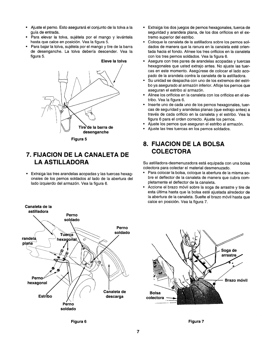 Craftsman 247.77586 manual Fijacion DE LA Canaleta DE LA Astilladora, Fijacion DE LA Bolsa Colectora, Pernc hexagonal 