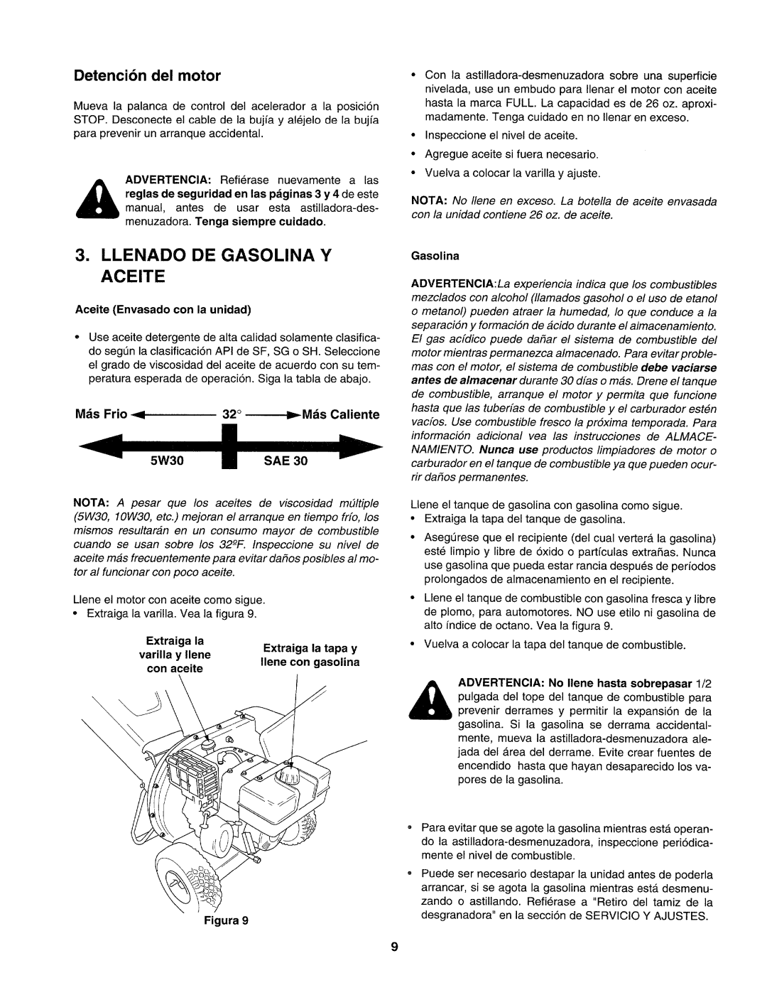 Craftsman 247.77586 manual Llenado DE Gasolina Y Aceite, Mds Frio Mds Caliente 