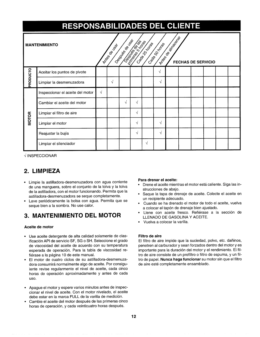 Craftsman 247.77586 manual Limpieza, Mantenimiento DEL Motor, Fechas DE Servicio, Aceite de motor, Para drenar el aceite 