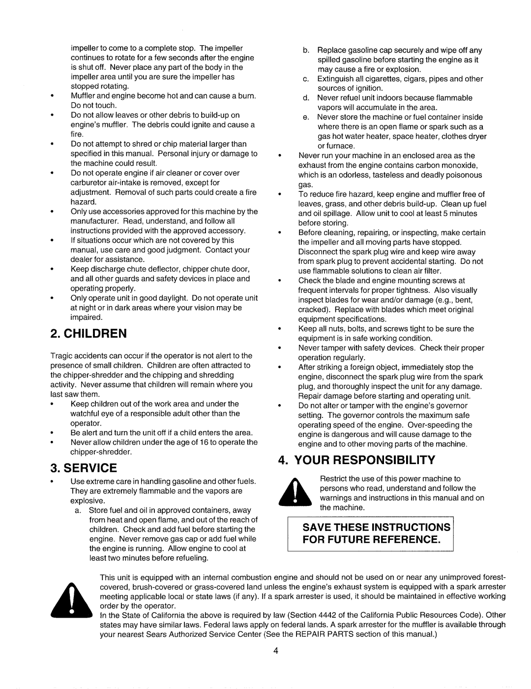 Craftsman 247.77586 manual Children, Service, Your Responsibility, Savetheseinstructions For Futurereference 