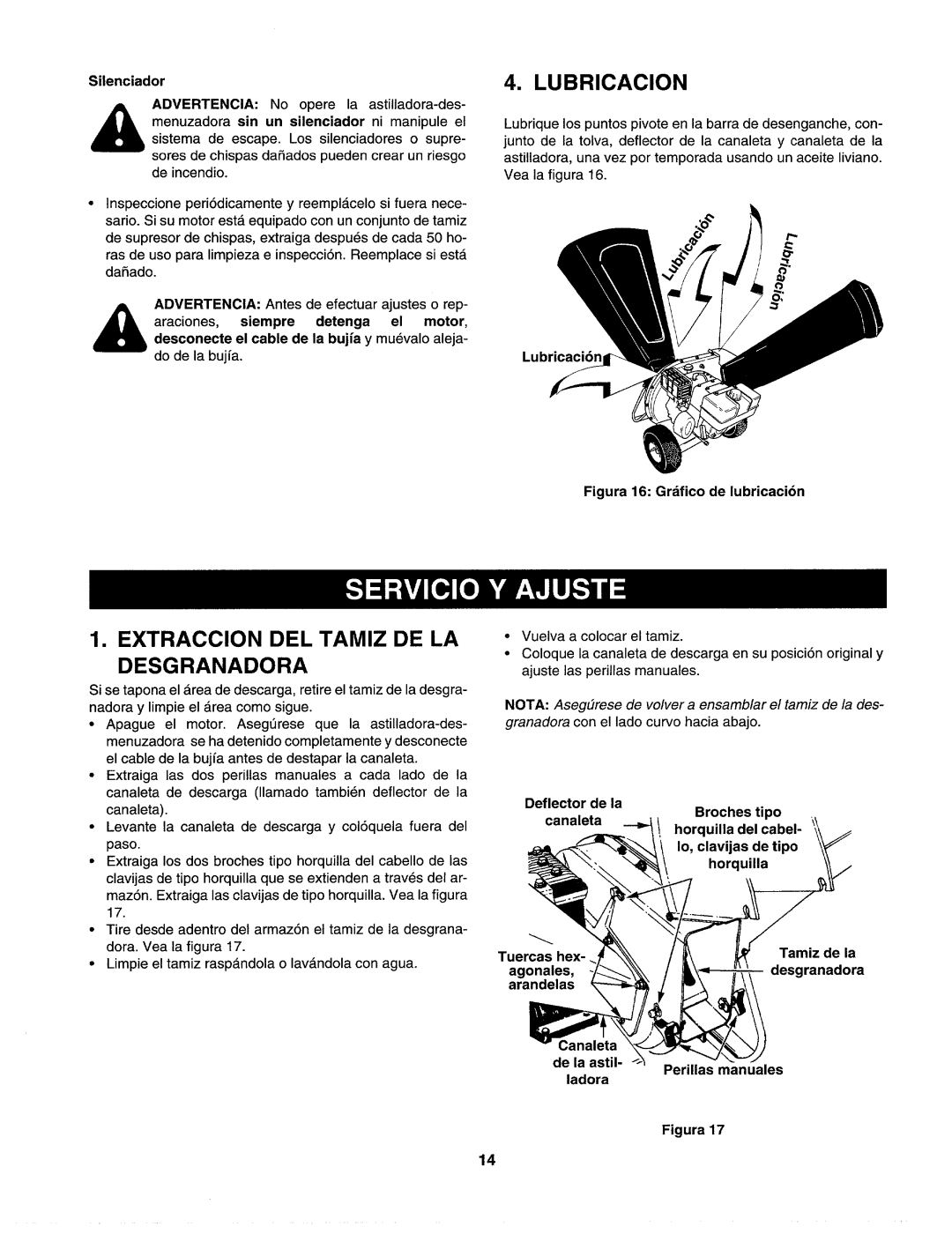 Craftsman 247.77586 manual Lubricacion, Extraccion DEL Tamiz DE LA Desgranadora, Silenciador, Tamiz de la 