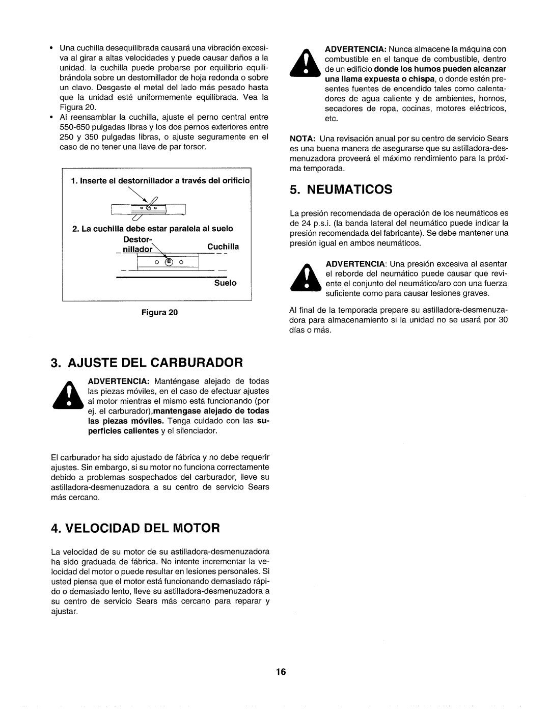 Craftsman 247.77586 manual Neumaticos, Ajuste DEL Carburador, Velocidad DEL Motor, Suelo 