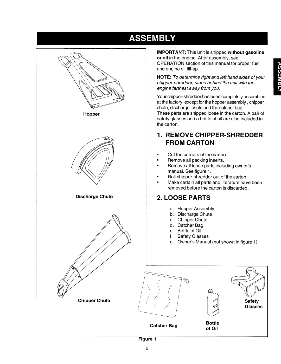 Craftsman 247.77586 manual Loose Parts, Chipper Chute, Safety Glasses Bottle Oil 