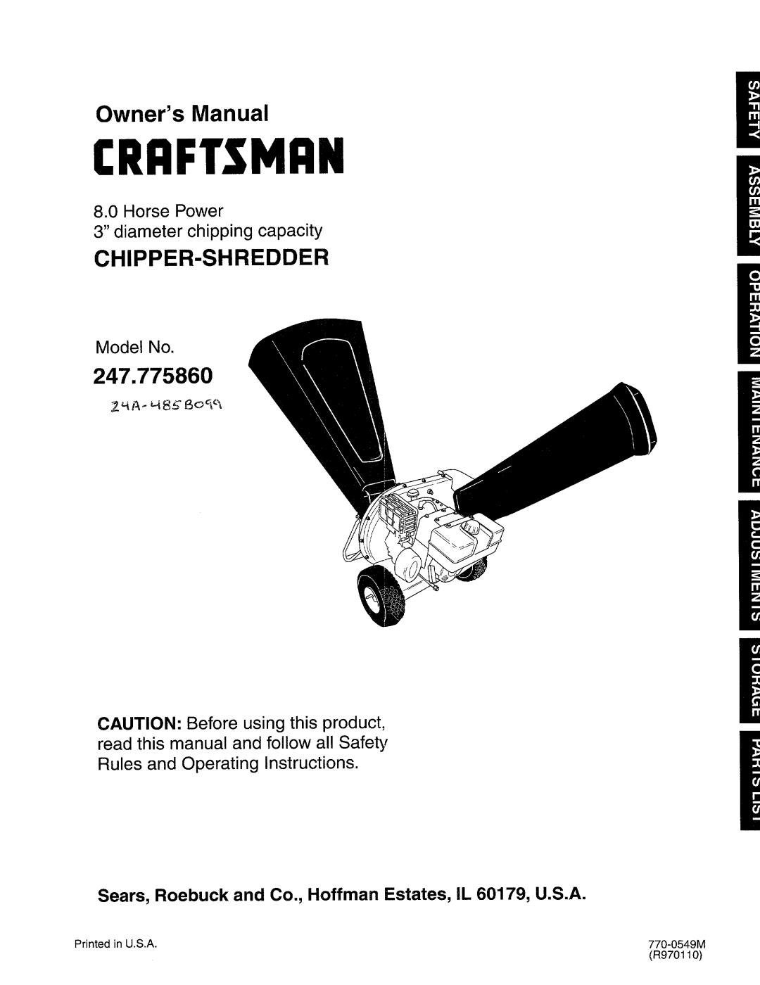 Craftsman manual Craftsman, Chipper-Shredder, 247.775860, Horse Power 3 diameter chipping capacity, Model No 