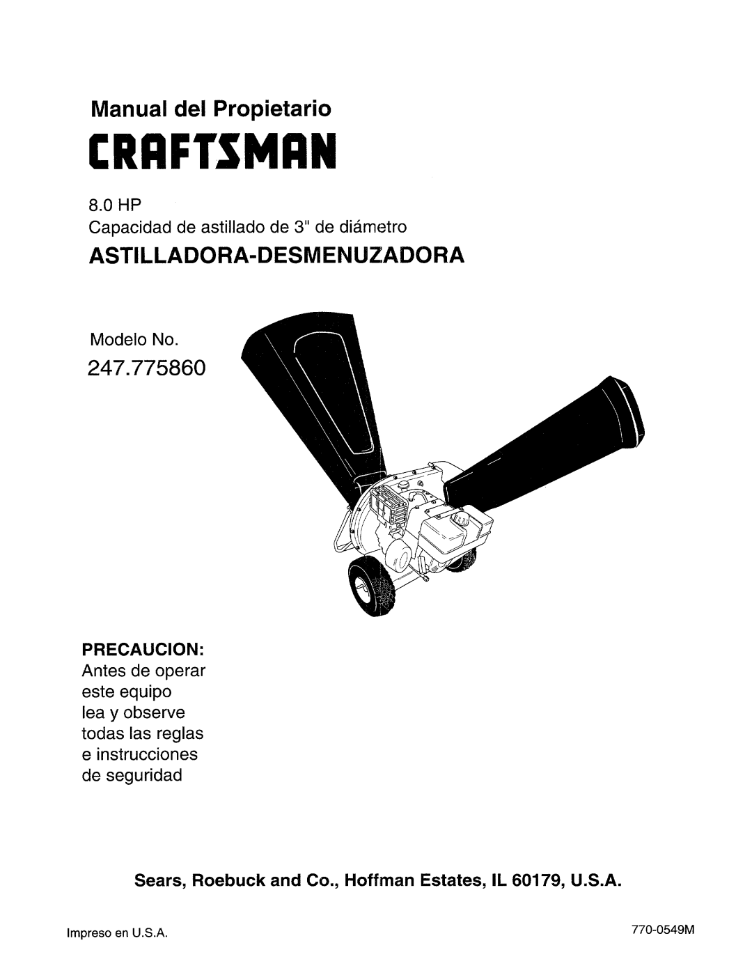 Craftsman Crrftsmrn, Astilladora-Desmenuzadora, 247.775860, HP Capacidad de astillado de 3 de dia.metro, Modelo No 