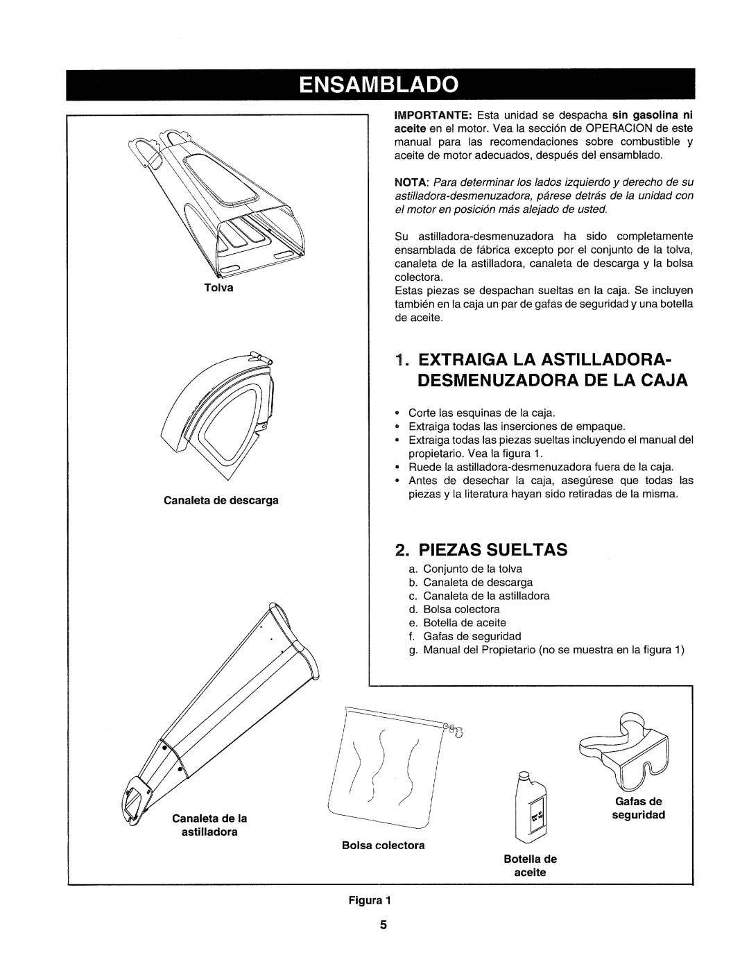 Craftsman 247.77586 manual Extraiga La Astilladora, Desmenuzadora De La Caja, Piezas Sueltas, Canaleta de la astilladora 