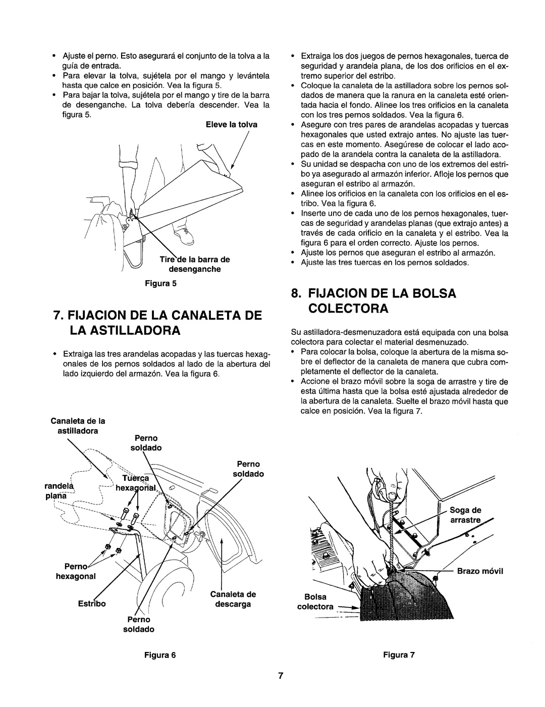 Craftsman 247.77586 manual Fijacion De La Canaleta De La Astilladora, Fijacion De La Bolsa Colectora, Pernc hexagonal, a de 