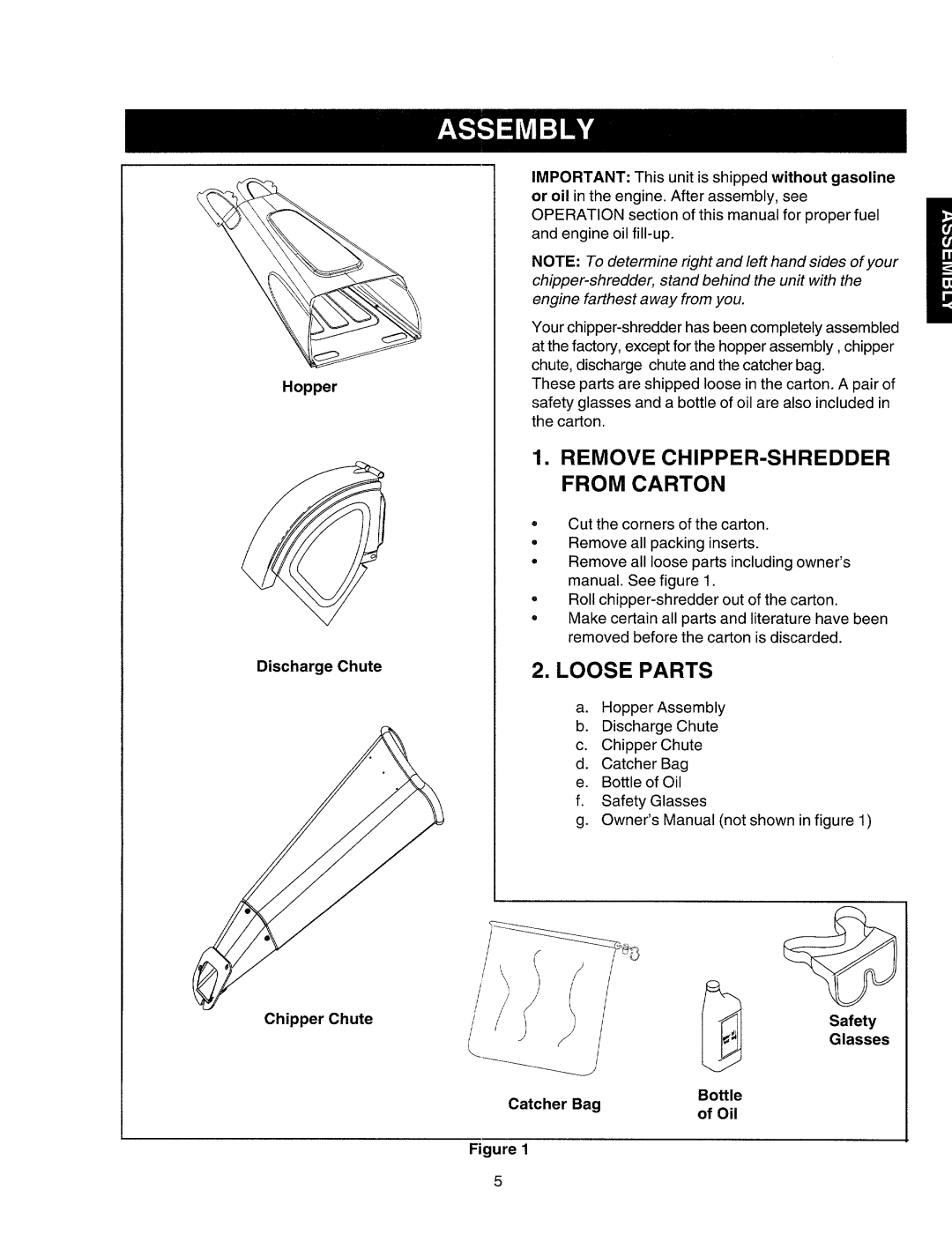 Craftsman 247.77586 manual Remove Chipper-Shredder From Carton, Loose Parts, Hopper Discharge Chute, Chipper Chute, Figure 