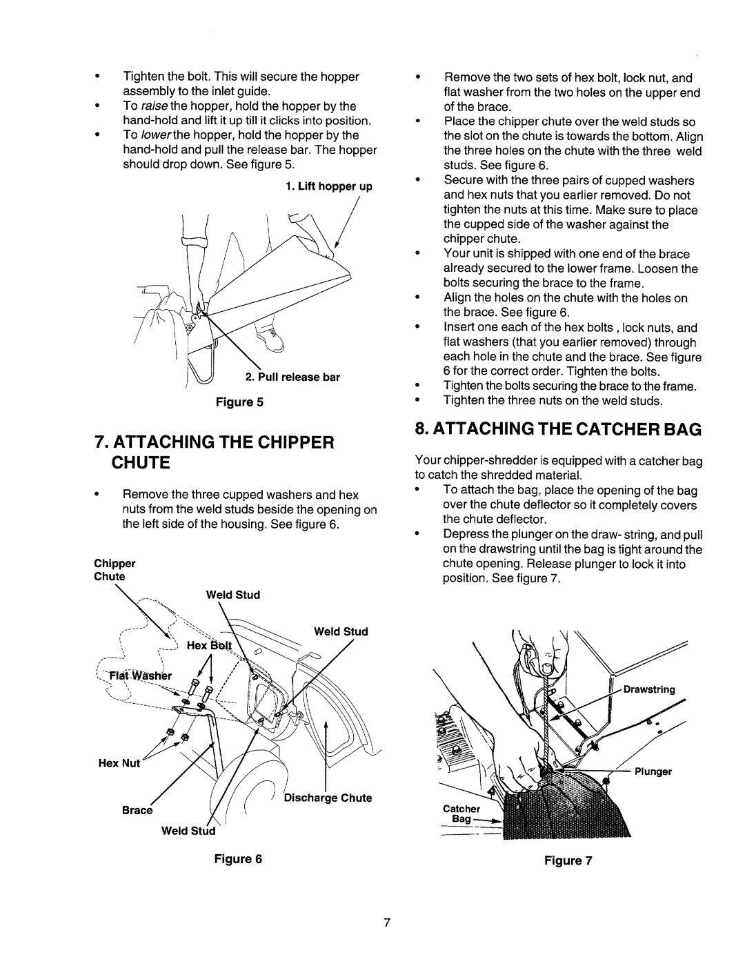 Craftsman 247.77586 manual Attaching The Chipper Chute, Attaching The Catcher Bag, Lift hopper up, Pull release bar Figure 