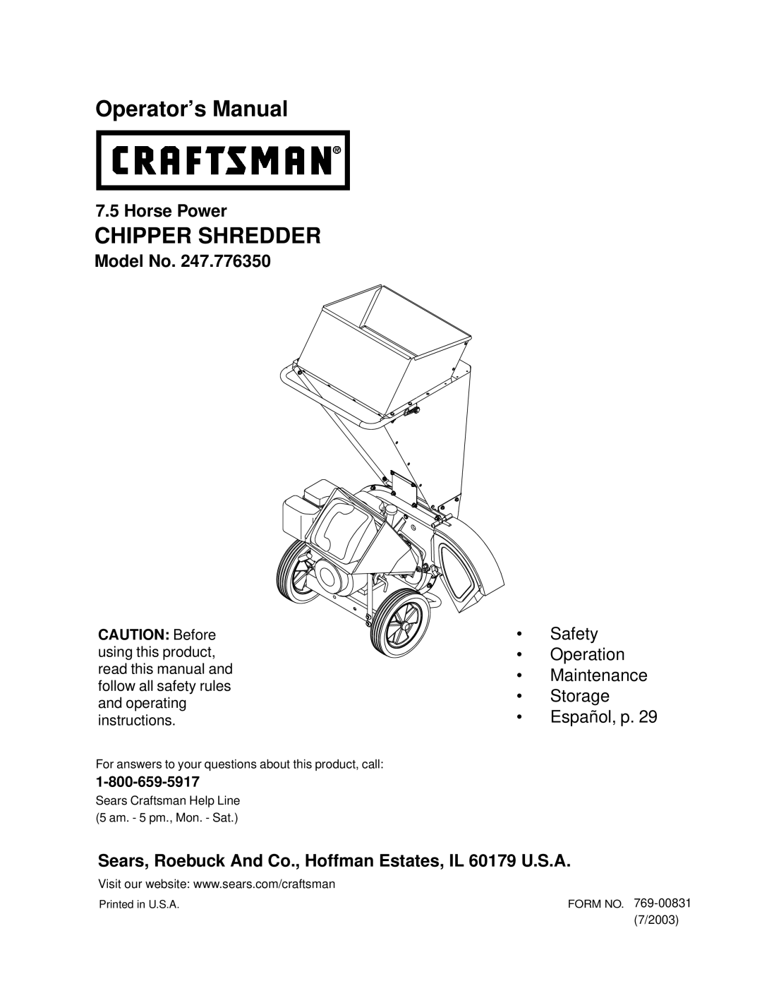 Craftsman 247.77635 manual Horse Power, Model No, Sears, Roebuck And Co., Hoffman Estates, IL 60179 U.S.A 