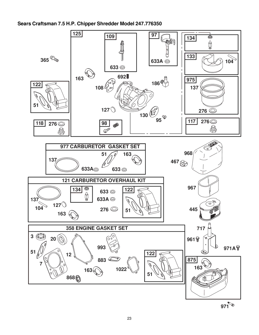 Craftsman 247.77635 manual Carburetor Gasket SET 