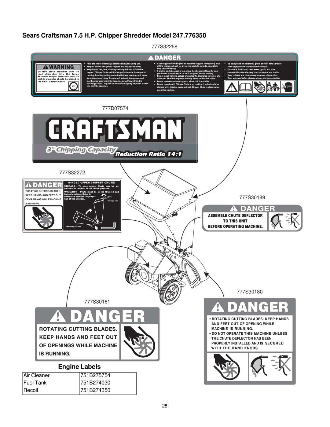 Craftsman 247.77635 manual Engine Labels, 777S32258 777D07574 777S32272 