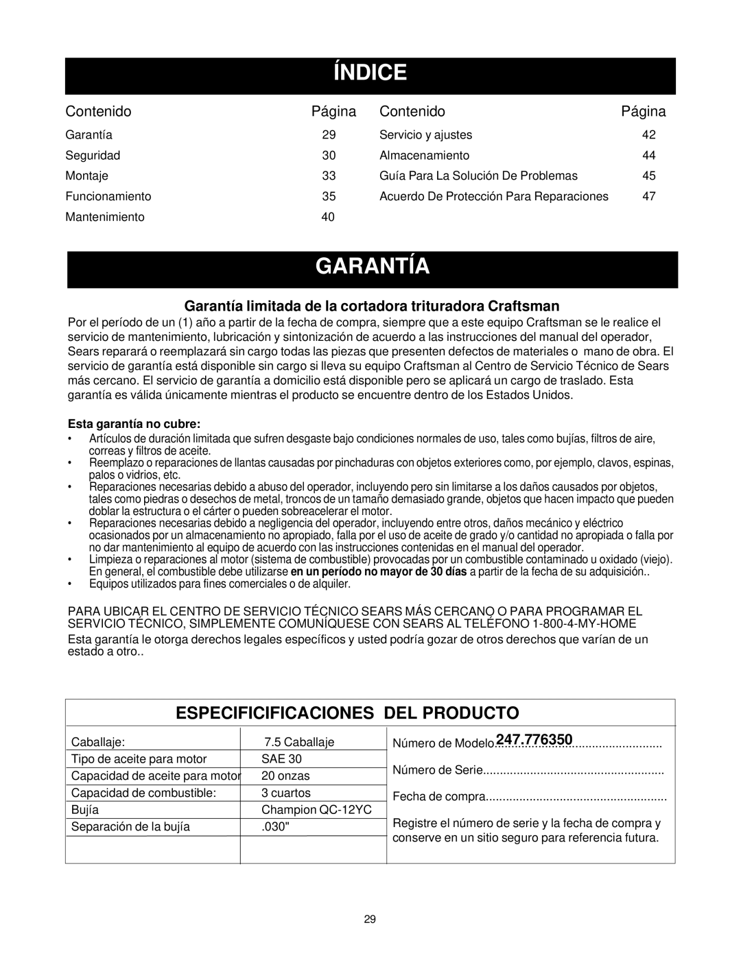 Craftsman manual Índice, Garantía limitada de la cortadora trituradora Craftsman, 247.776350, Esta garantía no cubre 