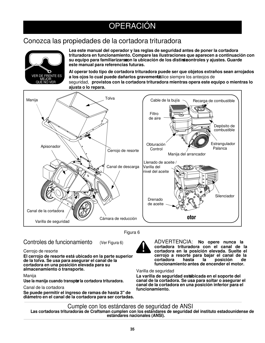 Craftsman 247.77635 Operación, Conozca las propiedades de la cortadora trituradora, Controles de funcionamiento Ver Figura 