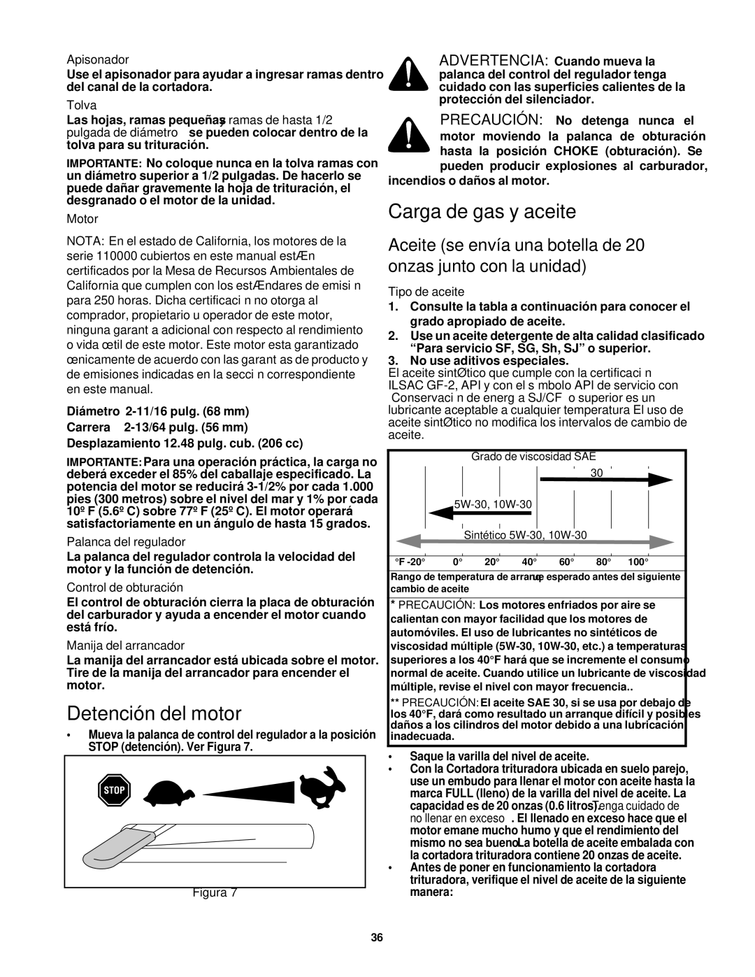 Craftsman 247.77635 manual Carga de gas y aceite, Detención del motor 