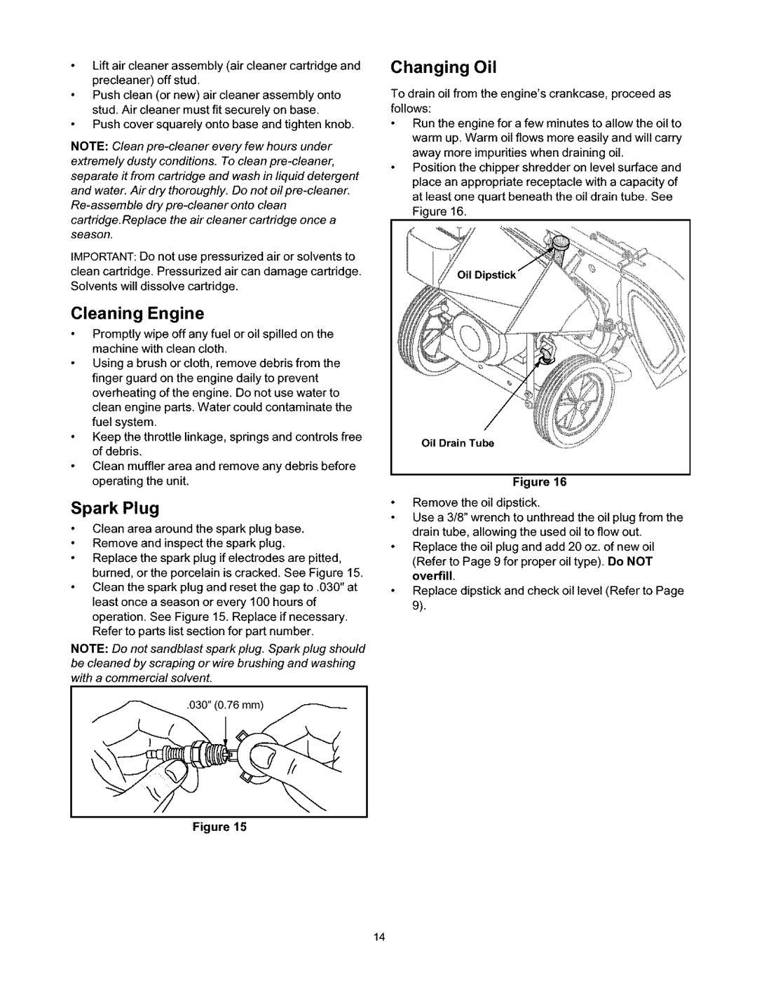 Craftsman 247.776350 manual Cleaning Engine, Spark Plug, Changing Oil 