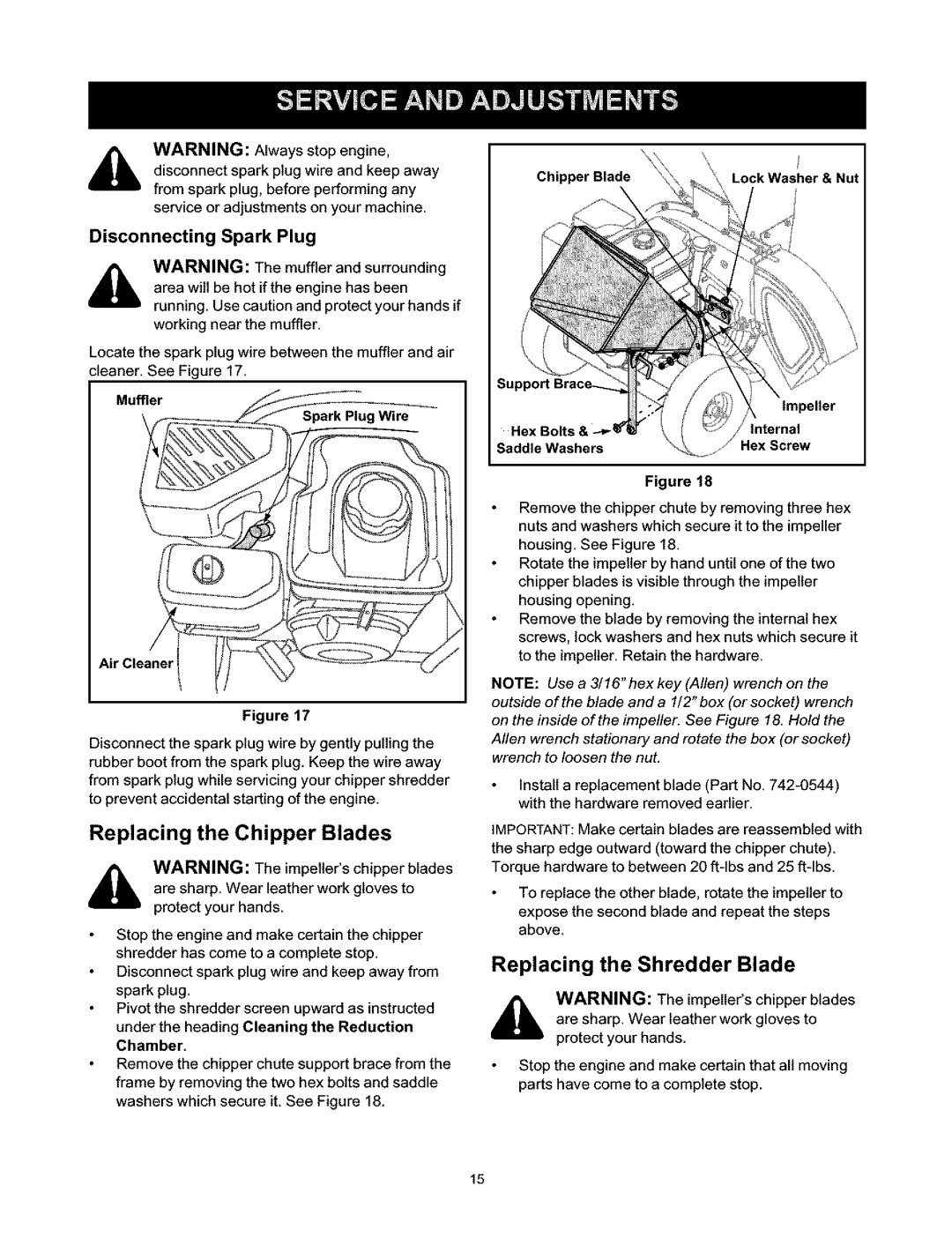 Craftsman 247.776350 Replacing the Chipper Blades, Replacing the Shredder Blade, Disconnecting Spark Plug, Spark Plug Wire 