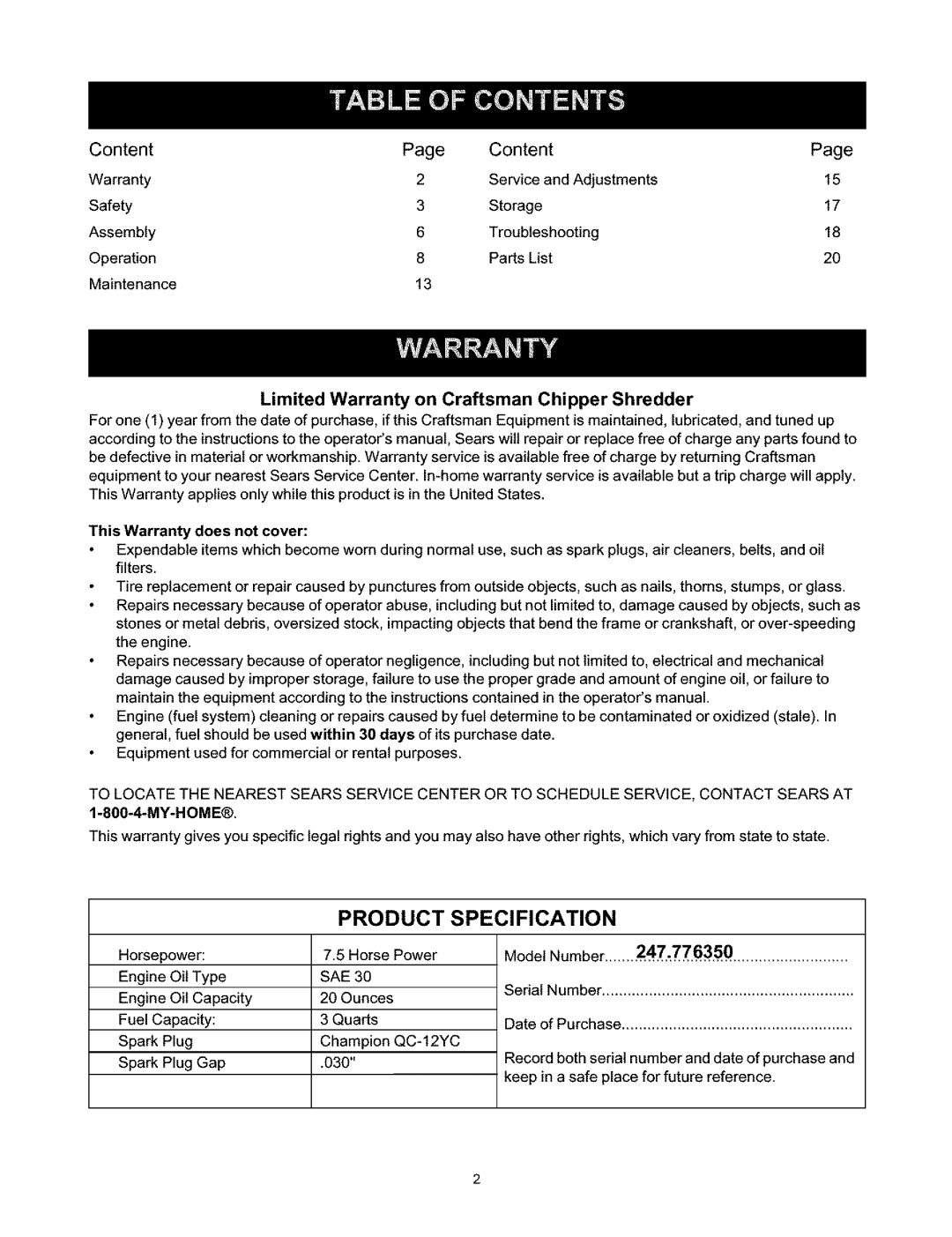 Craftsman 247.776350 manual Content, Limited Warranty on Craftsman Chipper Shredder, This Warranty does not cover, My-Home 