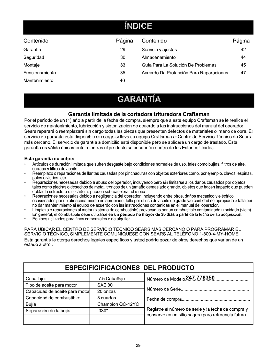 Craftsman 247.776350 manual Garantia limitada de la cortadora trituradora Craftsman, Esta garantia no cubre 