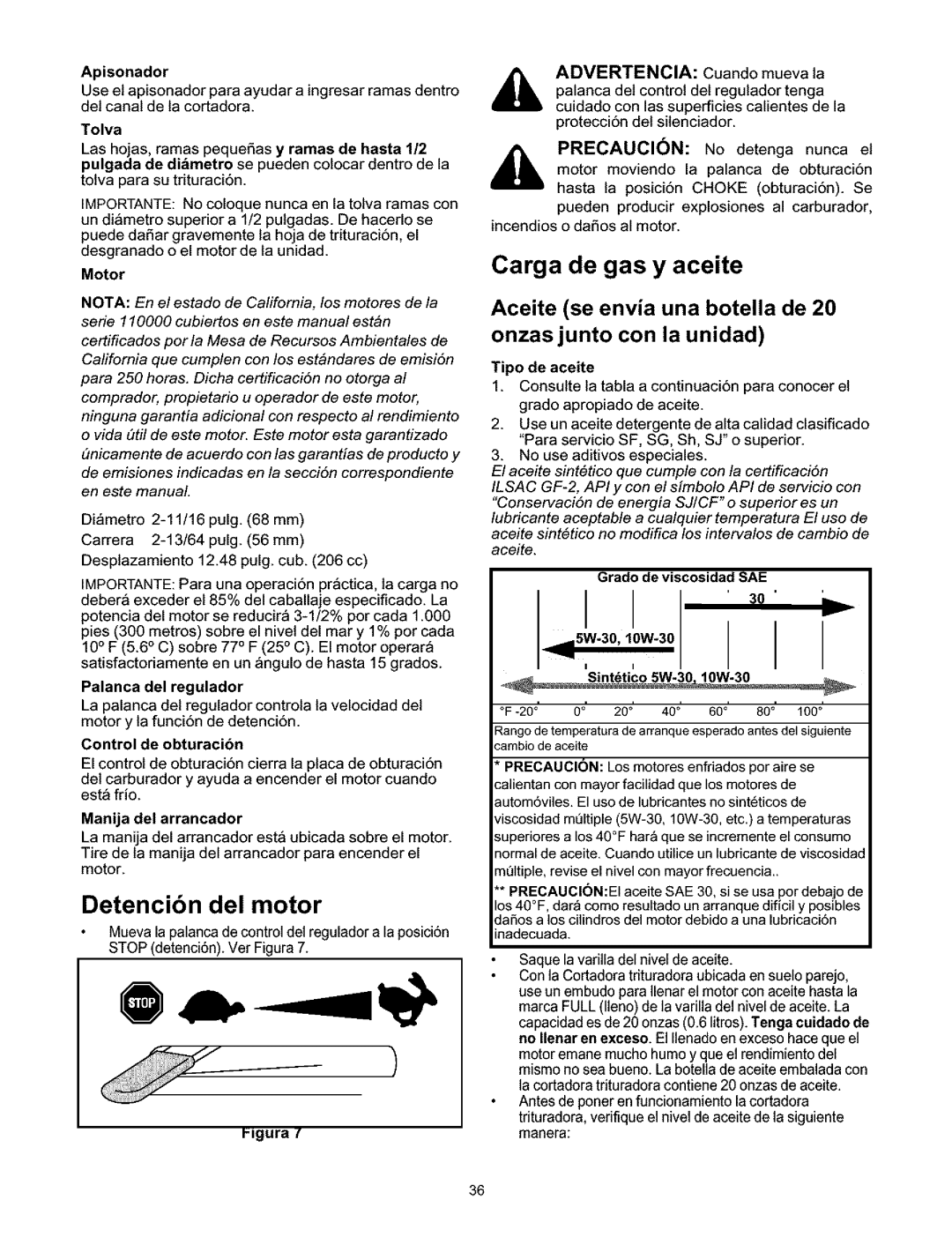 Craftsman 247.776350 manual Detencibn del motor, Carga de gas y aceite 